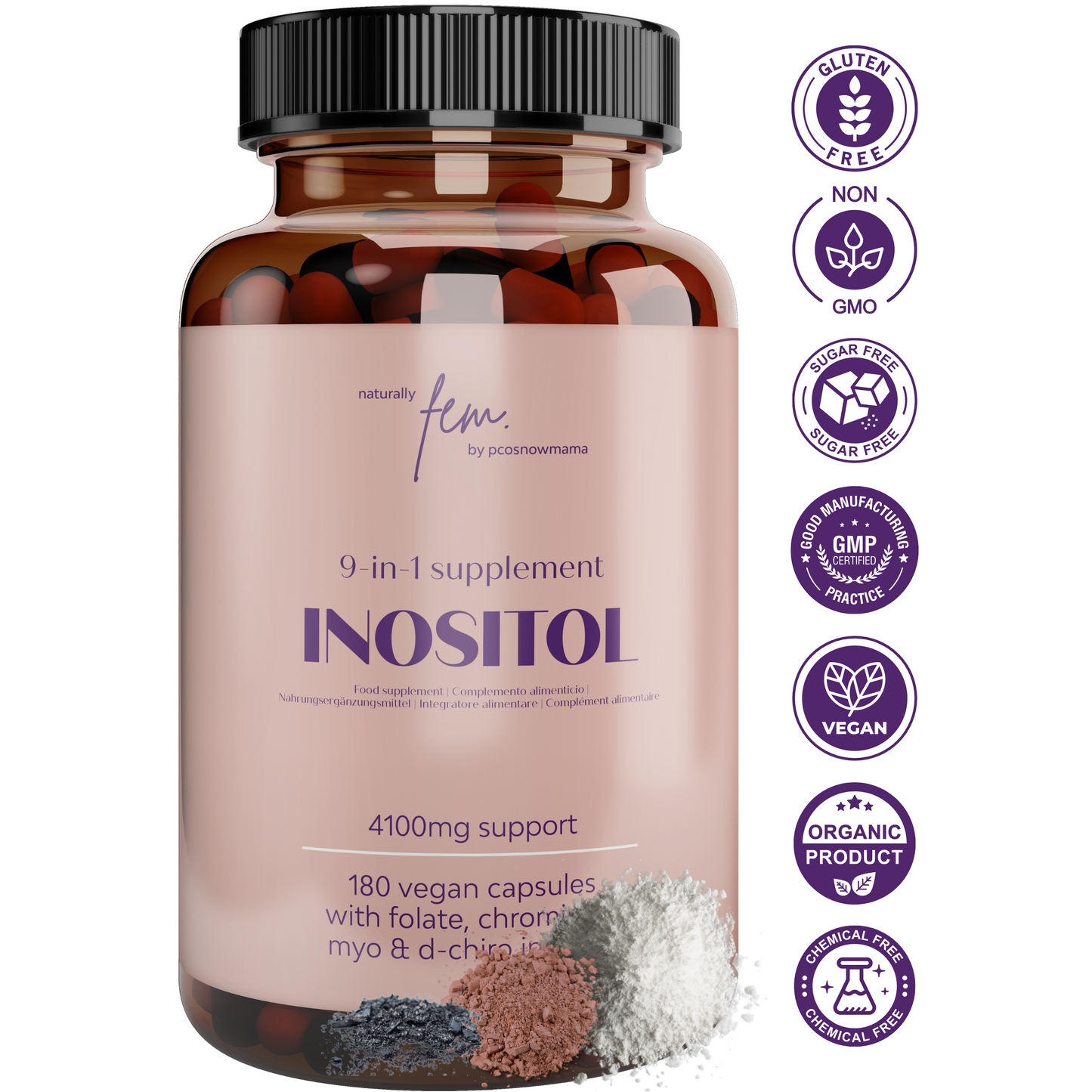 Inositol Fem 4100 mg PCOS Cápsulas veganas 9 en 1 | Myo y D-Chiro Inositol con folato y cromo